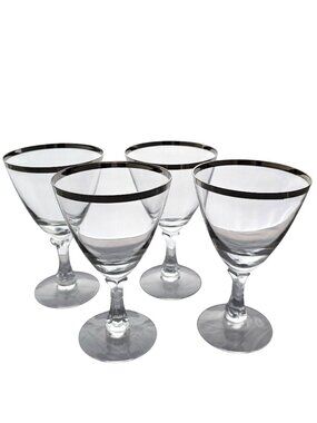 4 Fostoria Wedding Ring Water Glasses 6" vtg banded silver trim wine stem toasti